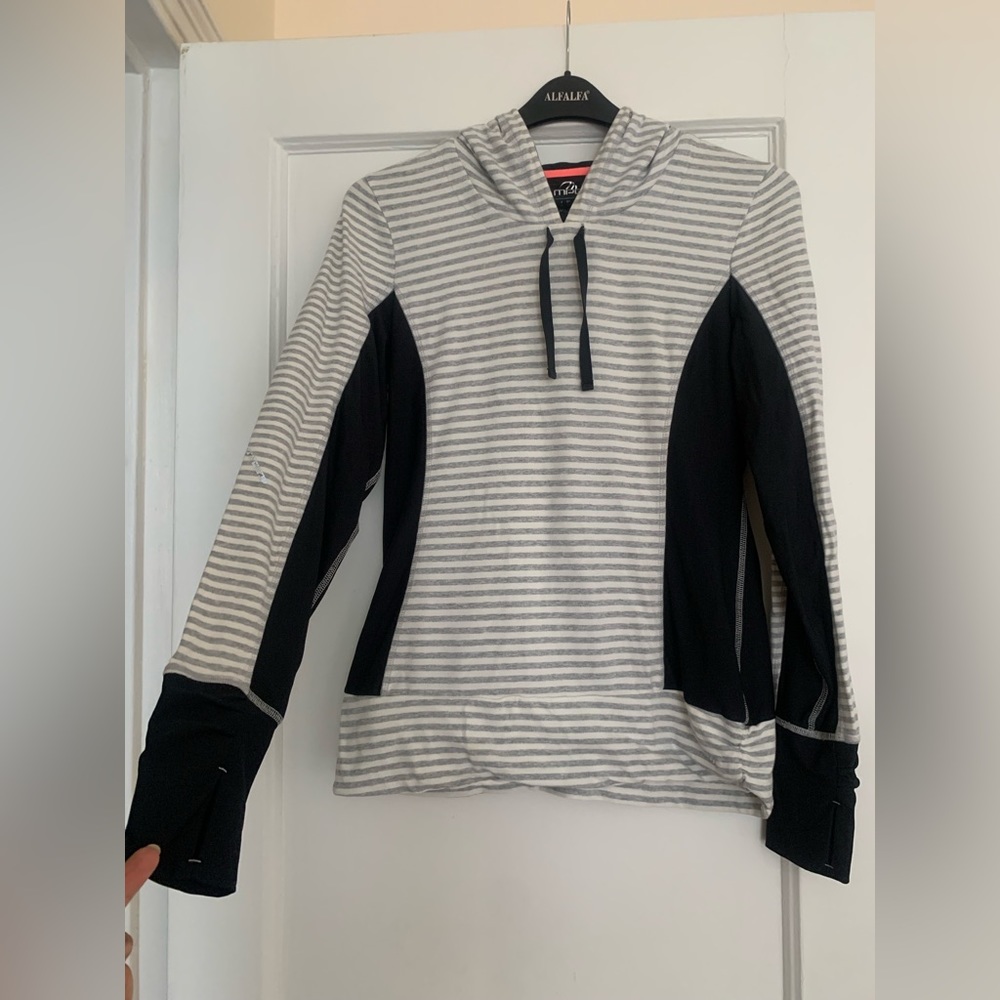 MMPG - Striped Light hoodie - white/grey stripes, navy sides - size Small